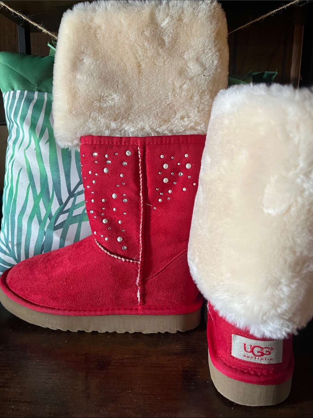 UGG Red Suede Shearling Cuff Studded Boots